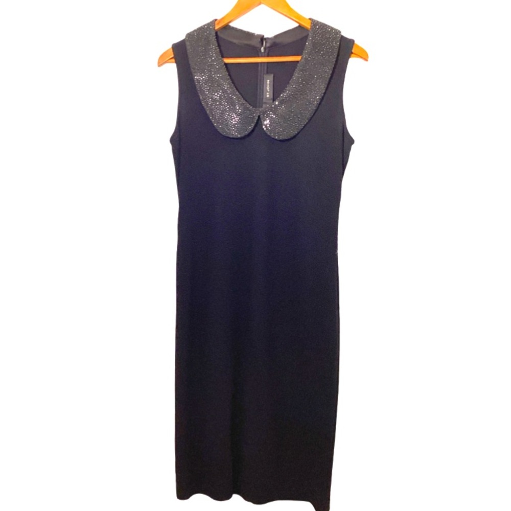 ST JOHN Black Sleeveless Knit Dress Embellished Collar (Altered) Size 6